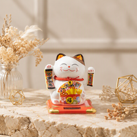 Promotion : Statue Maneki Neko en céramique à bras oscillant solaire, Ornement porte-bonheur, Boîte cadeau avec fenêtre transparente pour voiture, ouverture de magasin, ou événement commercial
