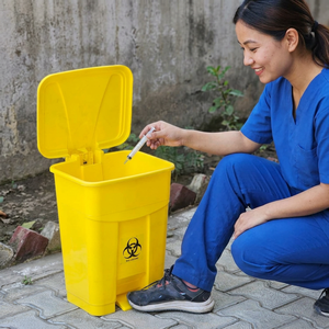 Yellow Rectangular Plastic Waste <b>Bin</b> With Flip <b>Lid</b> Biohazard Symbol Medical Use Indoor Outdoor Storage Bucket - Product Image 2