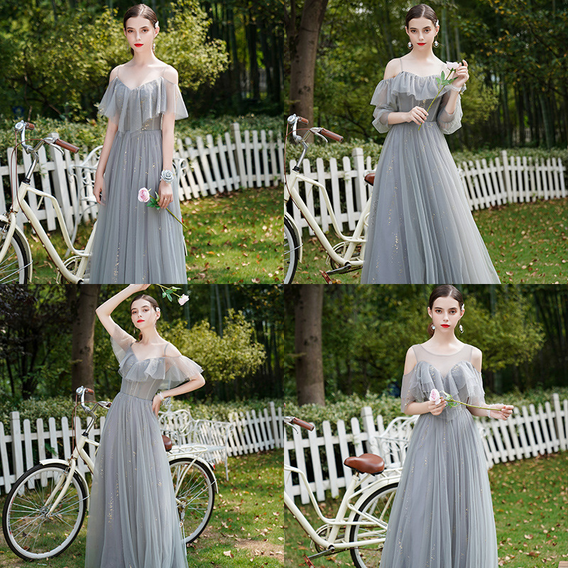 Милое серое шифоновое длинное платье-Макси длиной до пола, платья подружек невесты, новейшая модель, четыре дизайна, на бретельках/с длинным рукавом для женщин