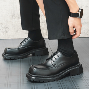 Men's New Thick Sole square <b>Head</b> British <b>Style</b> Cargo Shoes, Thick Sole Increase, Anti-slip Wear, Office Wedding Dress Shoes - Product Image 5