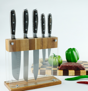 Set <span class=keywords><strong>di</strong></span> <span class=keywords><strong>Coltelli</strong></span> <span class=keywords><strong>Professionali</strong></span> da Cucina in Acciaio <span class=keywords><strong>di</strong></span> Alta Qualità con <span class=keywords><strong>Ceppo</strong></span> in Legno <span class=keywords><strong>di</strong></span> Acacia, Include Coltello da Sbucciatura per Tagliare e Affettare - Product Image 2