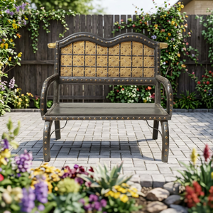 Banc de jardin traditionnel en bois massif antique, 2 places, écologique, durable, fait main, avec finitions en laiton, pour hôtel, ferme, jardin - Product Image 4