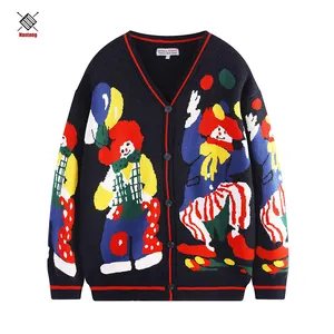 High Quality Clown Jacquard Pattern V-Neck Black Designer Knitwear Clothes Fashion Knit Coat Winter Knitted Cardigan Sweater Men