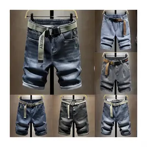 Celana Jeans robek Denim Hem mentah ketat pria, kualitas tinggi, koboi panjang selutut 100% Algodon