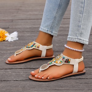 Women Bohemian Beaded Flat <b>Sandals</b> <b>Elastic</b> Ankle Strap Clip Toe Summer Beach Casual Footwear - Product Image 3