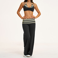 Conjunto de Yoga de 2 Piezas para Mujer, Marca Privada, con Rayas, Cintura Plegable, Sujetador Deportivo Halter, Pantalones Anchos con Corte Acampanado, Logotipo Personalizado OEM