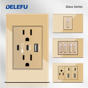 DELEFU Gold Tempered Glass USb Type C US Standard Outlet Mexico Japan Thailand Plug 118 Wall Power Socket Light Switch