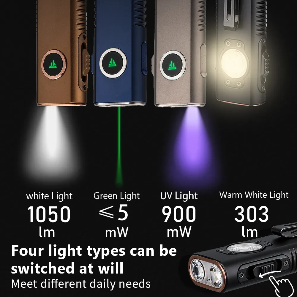 TrustFire Unique Ultra-slim Mini X3 1050LM 5700K Spotlight EDC Torch 900mV UV Linterna plana Luz láser verde magnética