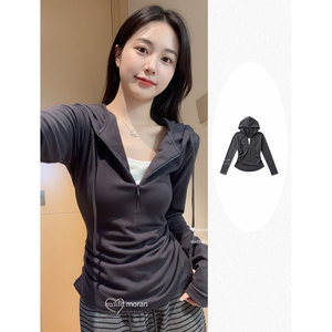 Miu Style Grey Hooded Long Sleeve T Shirt Women Slim Fit Half Zip Base <b>Layer</b> <b>Top</b> Casual Solid Color Breathable - Product Image 2