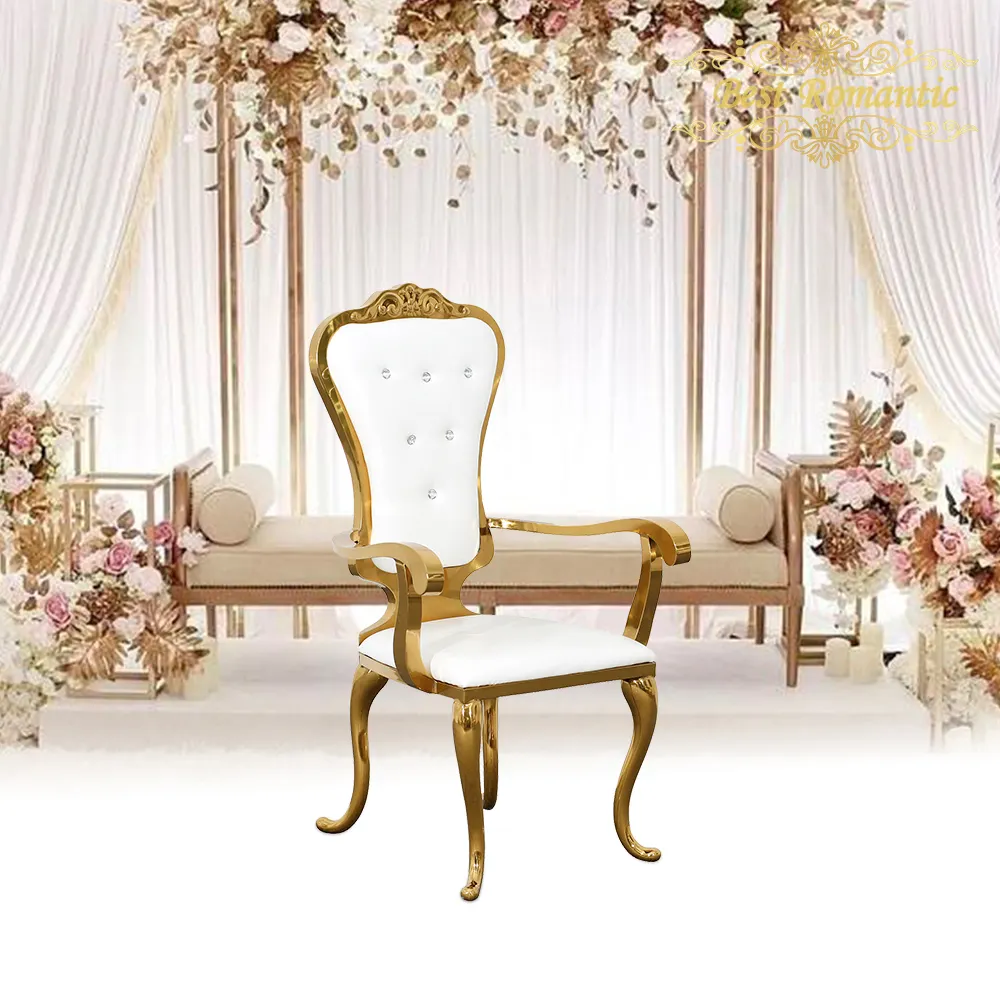 Vermietung Fancy Gold Edelstahl Hochzeits stuhl für Restaurant und Bankett mit runder Rückenlehne