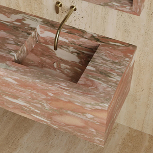 Lavabo da bagno monoblocco in marmo intero, design a incasso profondo con doppio lavabo, tonalità neutra chiaro, moderno, per concetti di bagno open space - Product Image 4