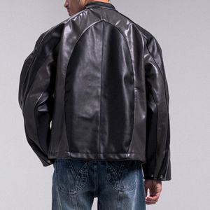 جاكيت رجالي من الجلد للدراجات النارية بسحاب وتطريز بارز، بتصميم مرقع ومخصص على طراز ملابس الشارع - Product Image 4