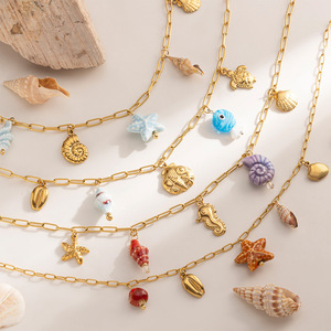 Collana di stelle marine e cavalluccio marino in ceramica dipinti a mano in acciaio inossidabile delicato catena di clavicola gioielli artigianali oceanici da donna - Product Image 2