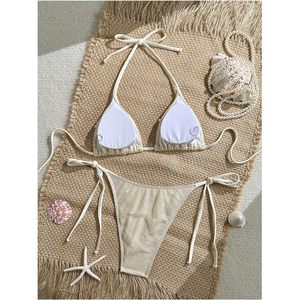 FOXA Women's 2 Piece <b>Bikini</b> Set Pearl Halter Triangle Thong High Cut Swimsuit Bathing Suit - Product Image 5