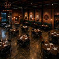Ensemble de restaurant moderne sur mesure Ron Group : banquette capitonnée, table carrée en bois, chaise en cuir, mobilier de restaurant