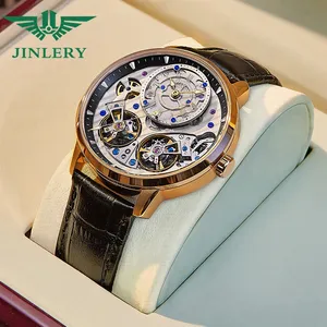 JINLERY-reloj mecánico de doble volante, reloj mecánico a la moda, con esfera pequeña, correa de cuero, resistente al agua