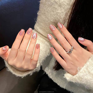 Uñas postizas de ataúd medianas, rosa claro, estilo francés, con efecto mariposa, luz de <span class=keywords><strong>ilusión</strong></span> y espejo mágico - Product Image 1