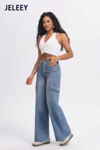 Jean cargo pour femme à taille haute, coupe ample et jambe droite - Style confortable et polyvalent - Product Image 4