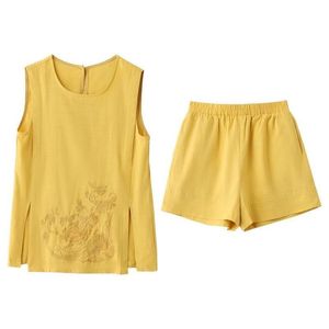 Women's Cotton Linen Two Piece Set Sleeveless Top Shorts Navy Blue Embroidered Breathable Casual Summer Outfit - Product Image 5