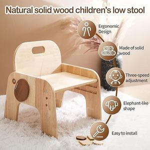 Taburete bajo para niños de madera maciza natural con respaldo, altura ajustable, diseño ergonómico con forma de elefante para niños - Product Image 1