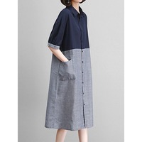 Nouvelle Robe Chemise en Coton pour Femme, Collection Été 2026, Rayures Marine, Blocs de Couleurs, Coupe Midi Évasée, Décontractée, avec Poches Plaquées, Grande Taille, Vente en Gros