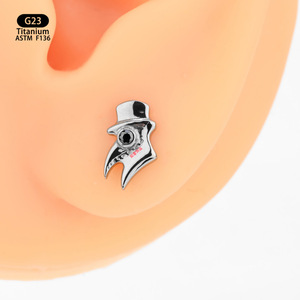 Titanium Plague <b>Doctor</b> Stud Earrings 5.3mm X 9.3mm Bezel <b>Set</b> Black Stone Cartilage Piercing Jewelry - Product Image 2