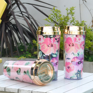Popular ecológico 16oz/450mL vaso de plástico con aislamiento de doble pared portátil diseño Floral taza de café y taza de agua - Product Image 2