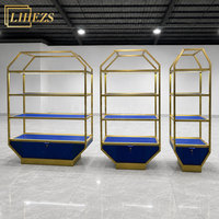 Étagères de présentation de bijoux Lihe Display Manufacturer personnalisées en acier inoxydable bleu et or, géométriques, multi-niveaux, LED, écologiques