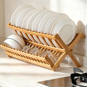 Bamboo Dish <b>Rack</b> Folding Drainer For Kitchen Sink Storage With <b>Plates</b> And Cups - Product Image 2