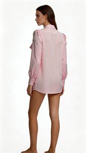 Elegante Formelle Rosa Chiffon Einfarbige Raglan-Bluse mit Langen Ärmeln und Schleifenkragen für Damen Frühling Sommer 2026 - Product Image 4