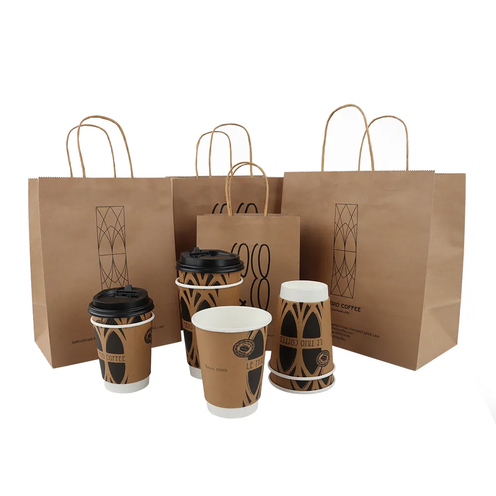 Takeaway bolsas de transportadora de papel de embalagem, comida marrom, sacos para tirar café com logotipo impresso personalizado