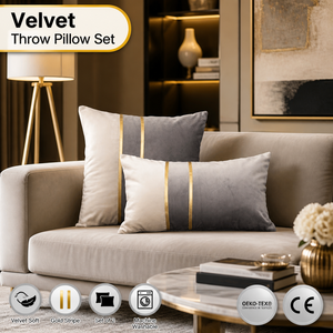 Ensemble de 2 coussins décoratifs Aodu en velours, coussins lombaires carrés gris crème or pour canapé, vente en gros d'usine - Product Image 1