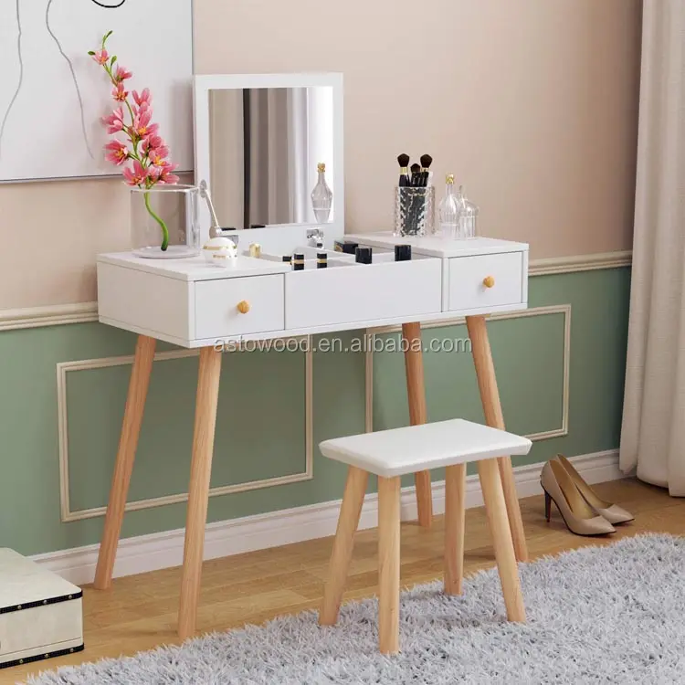Dressing Table and Stool Set with Mirror and Drawers Vanity Makeup Desk Bedroom Dresser White