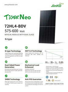 Paneles Solares Monocristalinos Bifaciales de Doble Vidrio Tipo N Tiger Neo 72HL4-BDV con Marco Plateado de 575-600W, Nivel 1, 22.45% de Eficiencia, IP68 - Product Image 3