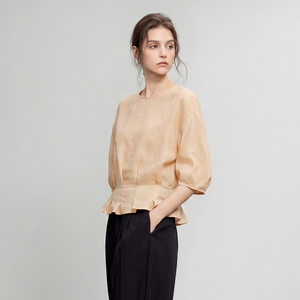 Rambar Lyocell Blend Elegant Round Neck Tie Waist Loose Fit Slimming Shirt For Women High End Feel - Product Image 2