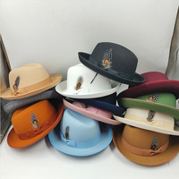 Chapeau Fedora en feutre décontracté quatre saisons pour l'extérieur, avec plume, style fête, en feutre polyester à large bord, type Jazz, vente en gros