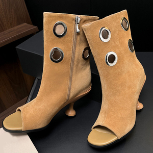 Sandales d'été en daim à bout ouvert avec fermeture éclair latérale, bottines sexy à talons chaton et décorations métalliques pour femmes - Product Image 6