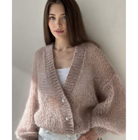 Cardigan ample et luxueux en mohair d'alpaga duveteux à col en V, léger et fin pour le printemps, pour femme, en acrylique, coupe ajustée, épaules dénudées