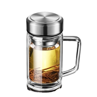 Tasse à thé en verre borosilicate à double paroi avec poignée et couvercle, résistante à la chaleur, anti-brûlure, portable, réutilisable, pour le bureau et la maison