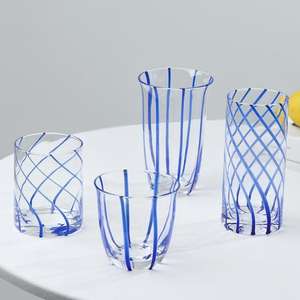Verres à eau et à vin en verre <span class=keywords><strong>soufflé</strong></span> à la bouche, rayés bleus, faits à la main - Product Image 2
