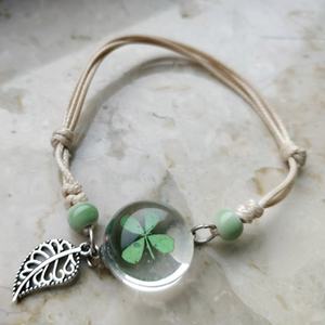 Hochwertige Kristallglas kugel Charm Armband Frauen Mehr schicht iges Leder armband Lucky Leaf <span class=keywords><strong>Clover</strong></span> Flower Anhänger Armreifen - Product Image 2