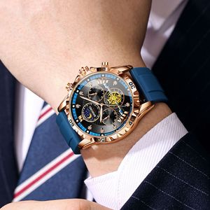 Binbond Men's Mechanical Watch 30M Waterproof Chronograph Moon Phase Luminous Blue Strap Multifunctional Watch - Product Image 3