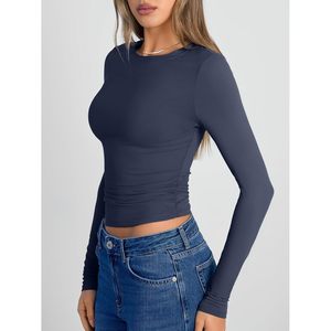 Haut basique à manches longues et col rond pour femme, coupe ajustée, mode automne-hiver - Product Image 3