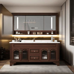 Luxury cosmetic retro bathroom cabinet dark brown with LED <b>mirror</b> and ceramic basin <b>for</b> hotel - Product Image 5