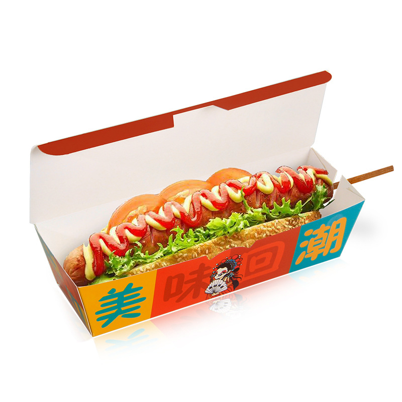 Top Hersteller günstigen Preis Custom Print Hot Dog Take Away Boxen Papier Corndog Tray Verpackung Single Corn Dog Box