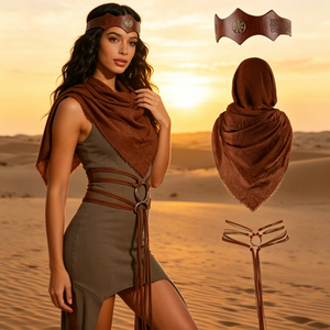 Conjunto de Accesorios de Disfraz Vikingo Medieval - Diadema Celta, Bufanda con Capucha Marrón y Cinturón de Cuero para Cosplay Renacentista LARP - Product Image 1