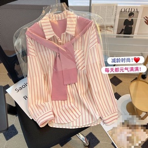 Camicia a maniche lunghe a righe da donna, vestibilità ampia e slim, con sciarpa effetto due pezzi, nuova collezione primavera - Product Image 3