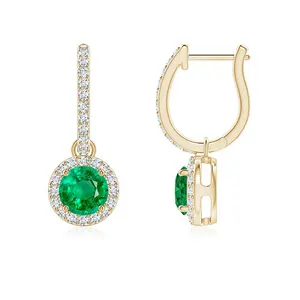 5mm Emerald Round Emerald Dangle Earrings With Diamond Halo Hanging English Lock Earring