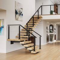 Escalier moderne en bois massif avec poutre monobloc en acier inoxydable et garde-corps à câbles, écologique et durable pour hôtel, appartement, villa, intérieur
