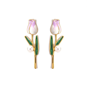 Boucles d'oreilles en forme de tulipe plaquées or, acier inoxydable 316L, avec perle et fleurs en émail, bijoux tendance pour femmes - Product Image 2
